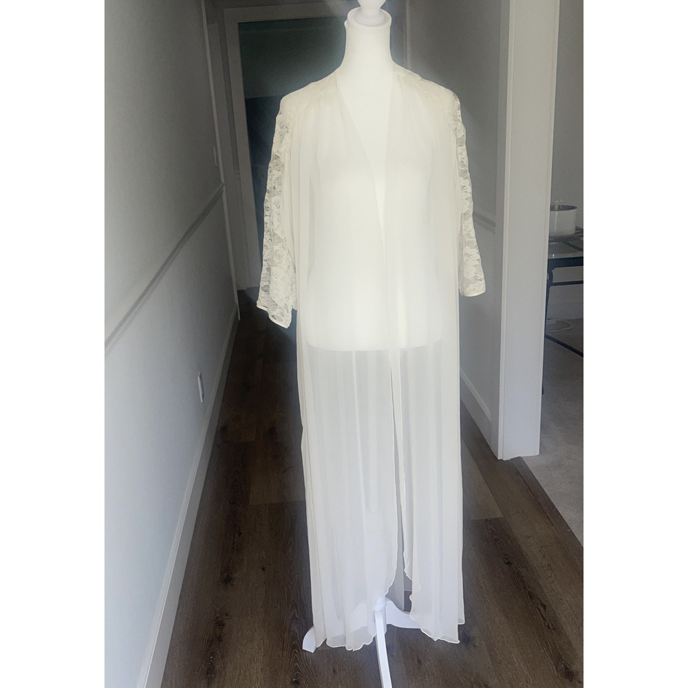 Vintage Blanche Sheer Open Robe Night Gown Lace Kimono Sleeve Beige USA Maxi